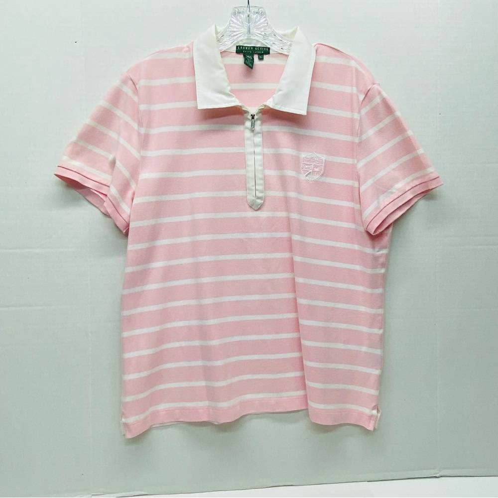 Lauren Active Wear Womens XL Polo Pink White Striped 1/4 Zip Closure LRL Active